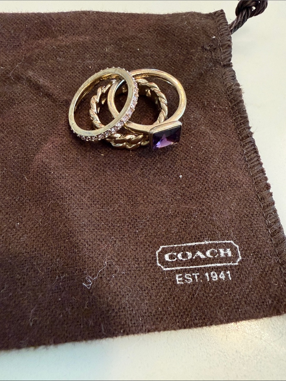 COACH Gold-Tone Stackable Ring Set with Purple Stone